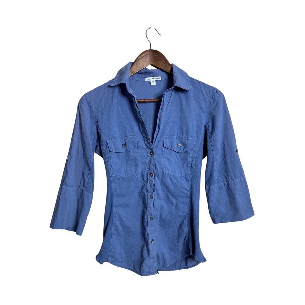 Standard James Perse Contrast Panel Cotton Shirt size S Blue Rib Side Roll Tab